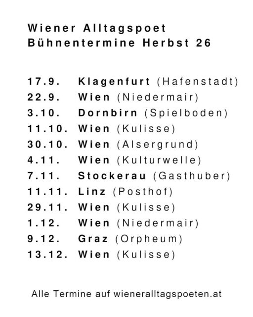 Liebe Leute, vor etwas über einem Jahr habe ich die Wiener Alltagspoeten zum ersten Mal im Kabarett Niedermair auf die Bühne gebracht. Eigentlich hätte es bei ein paar Terminen bleiben sollen. Aber nachdem euer Feedback so wunderbar war und bisher alle Auftritte ausverkauft waren geht es diesen Herbst weiter. Schauts vorbei - Tickets im Link in der Bio #wieneralltagspoeten